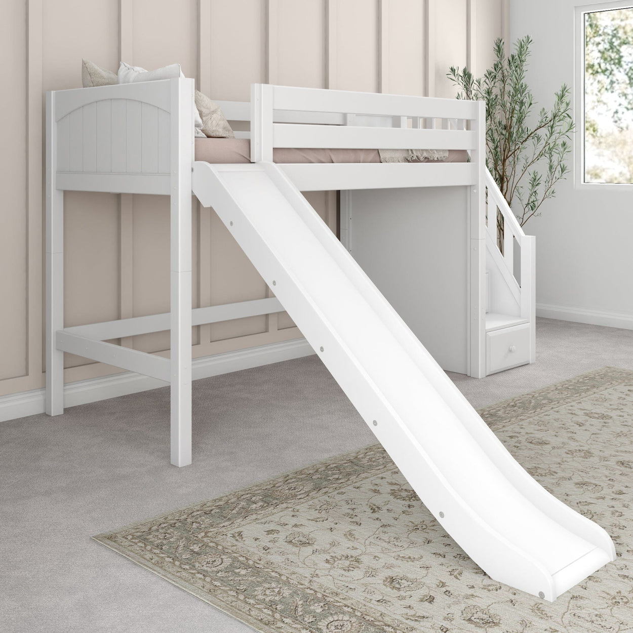 HERO XL WP : Play Loft Beds Twin XL Mid Loft Bed with Stairs + Slide, Panel, White