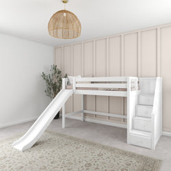 HERO XL WS : Play Loft Beds Twin XL Mid Loft Bed with Stairs + Slide, Slat, White