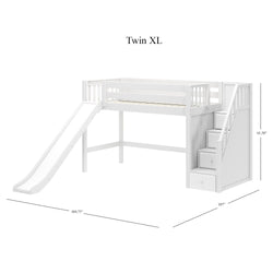 HERO XL WS : Play Loft Beds Twin XL Mid Loft Bed with Stairs + Slide, Slat, White