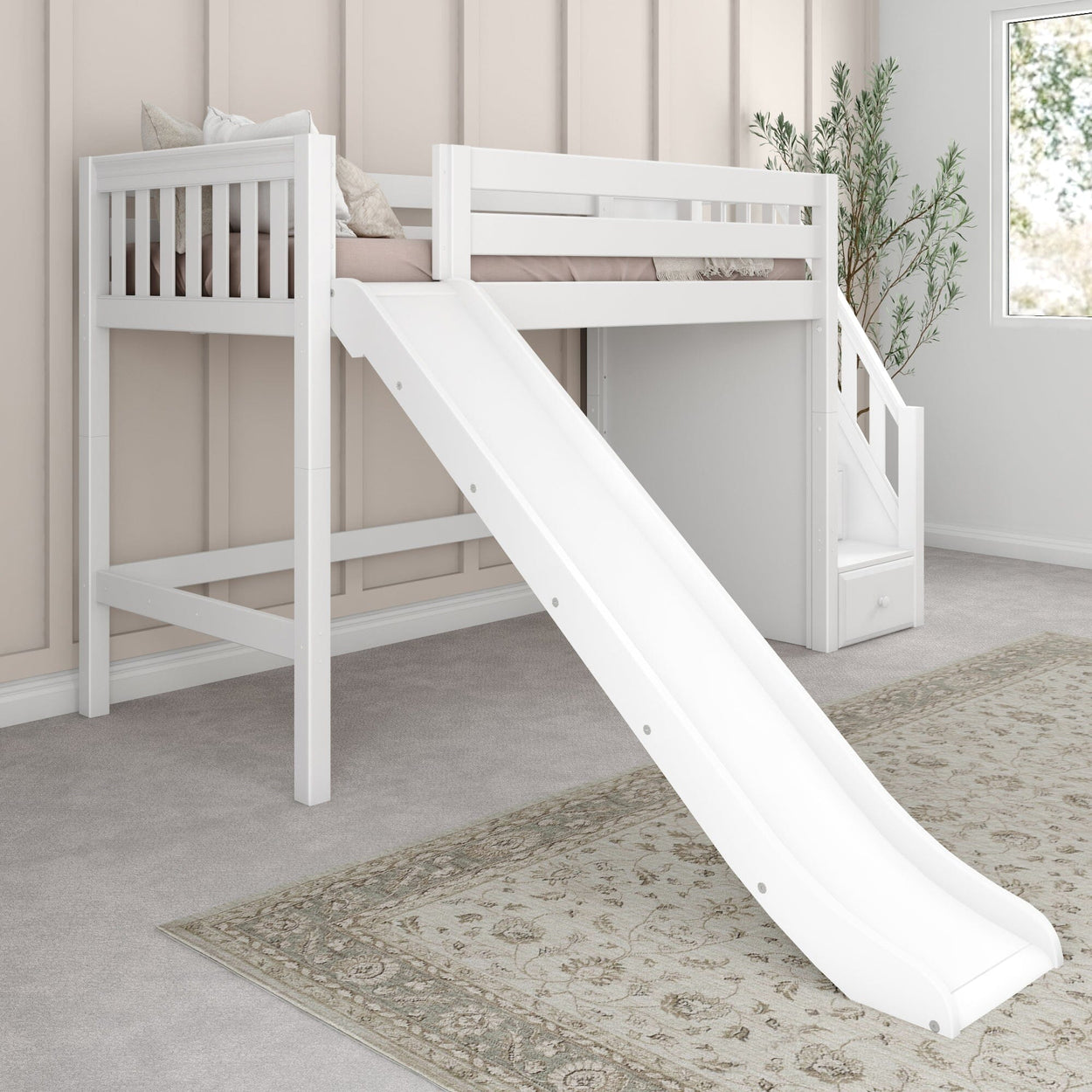 HERO XL WS : Play Loft Beds Twin XL Mid Loft Bed with Stairs + Slide, Slat, White