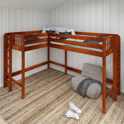 HIGHRISE XL 1 CP : Corner Loft Bed Twin XL High Corner Loft Bed with Ladders on Ends, Panel, Chestnut