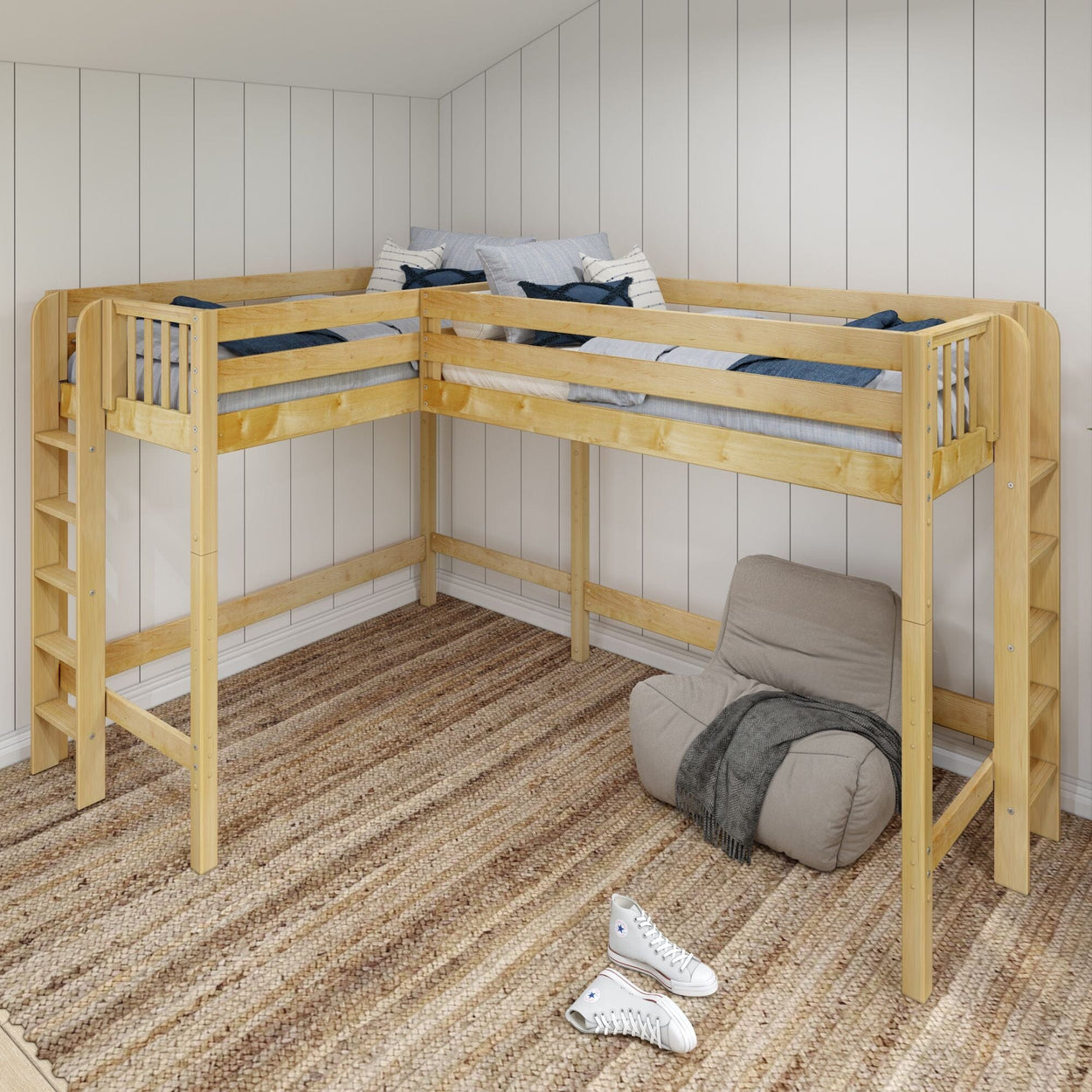 HIGHRISE XL 1 NS : Corner Loft Bed Twin XL High Corner Loft Bed with Ladders on Ends, Slat, Natural