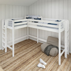 HIGHRISE XL 1 WS : Corner Loft Bed Twin XL High Corner Loft Bed with Ladders on Ends, Slat, White