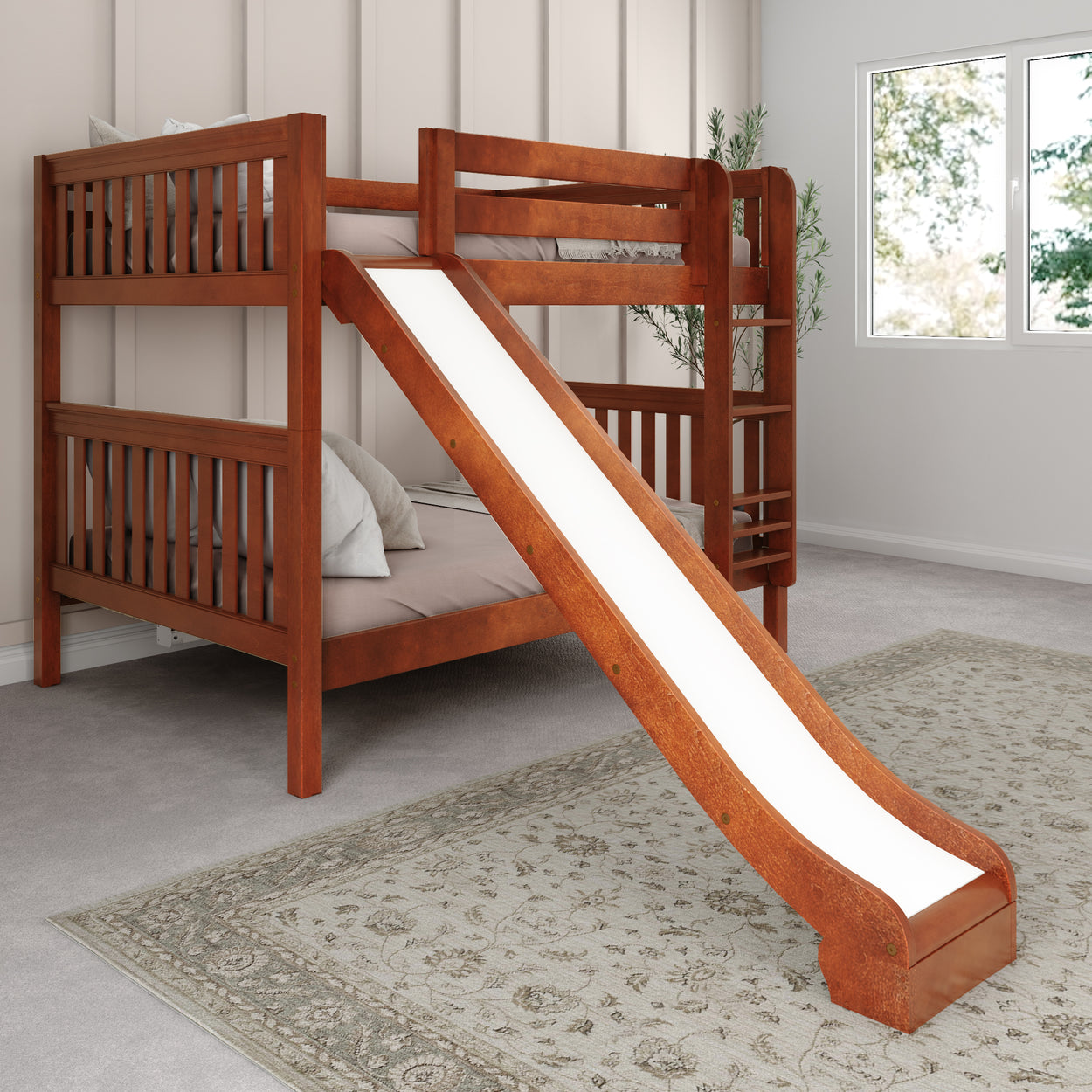 HIPHIP CS : Bunk Bed Full Medium Bunk Bed with Slide and Straight Ladder on Front, Slat, Chestnut