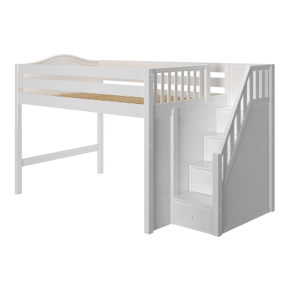 HIT WC : Standard Loft Beds Full Mid Loft Bed with Stairs, Curved, White