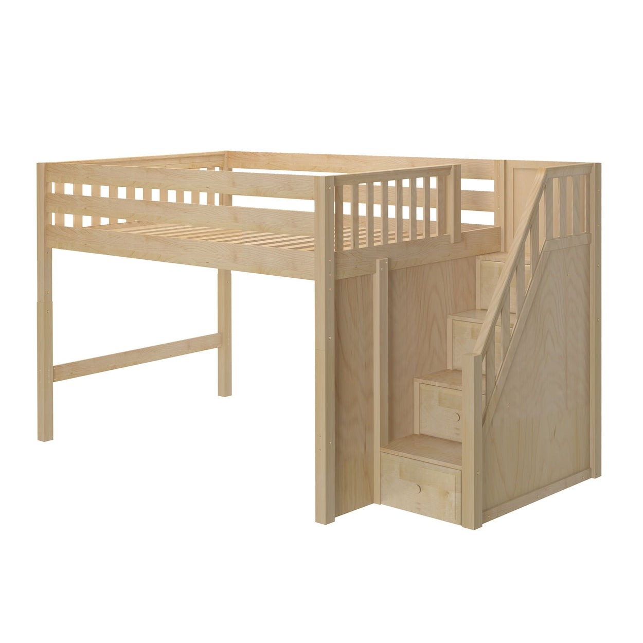 HIT XL NS : Standard Loft Beds Full XL Mid Loft Bed with Stairs, Slat, Natural