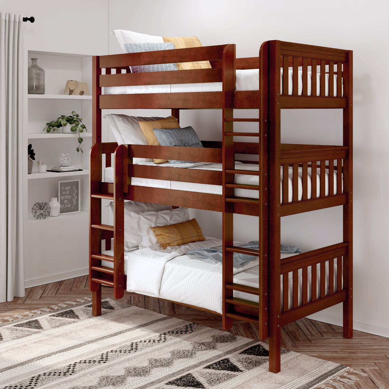 HOLY XL CS : Triple Bunk Twin XL Triple Bunk Bed with Straight Ladders on Front, Slat, Chestnut