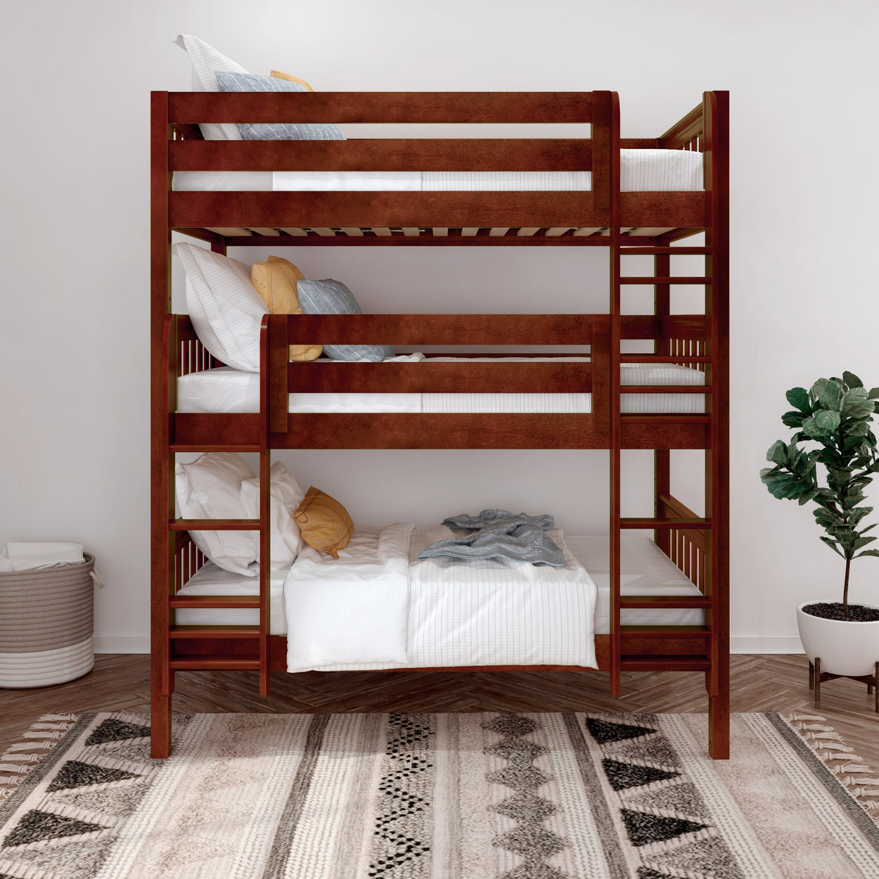 HOLY XL CS : Triple Bunk Twin XL Triple Bunk Bed with Straight Ladders on Front, Slat, Chestnut