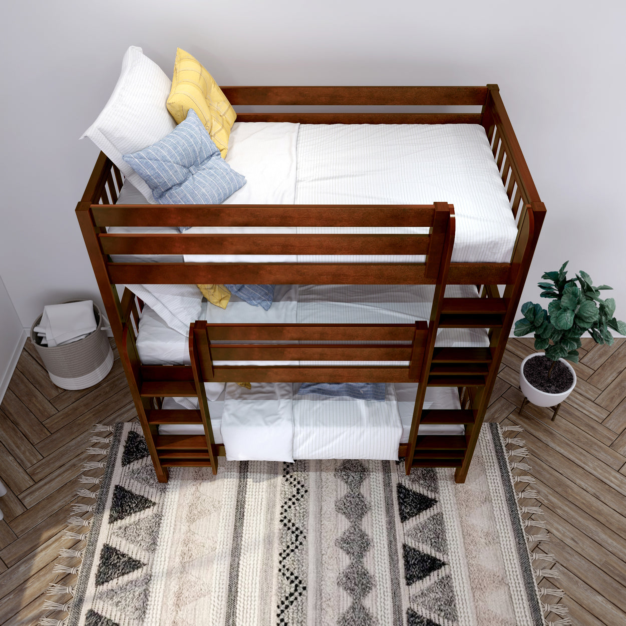 HOLY XL CS : Triple Bunk Twin XL Triple Bunk Bed with Straight Ladders on Front, Slat, Chestnut