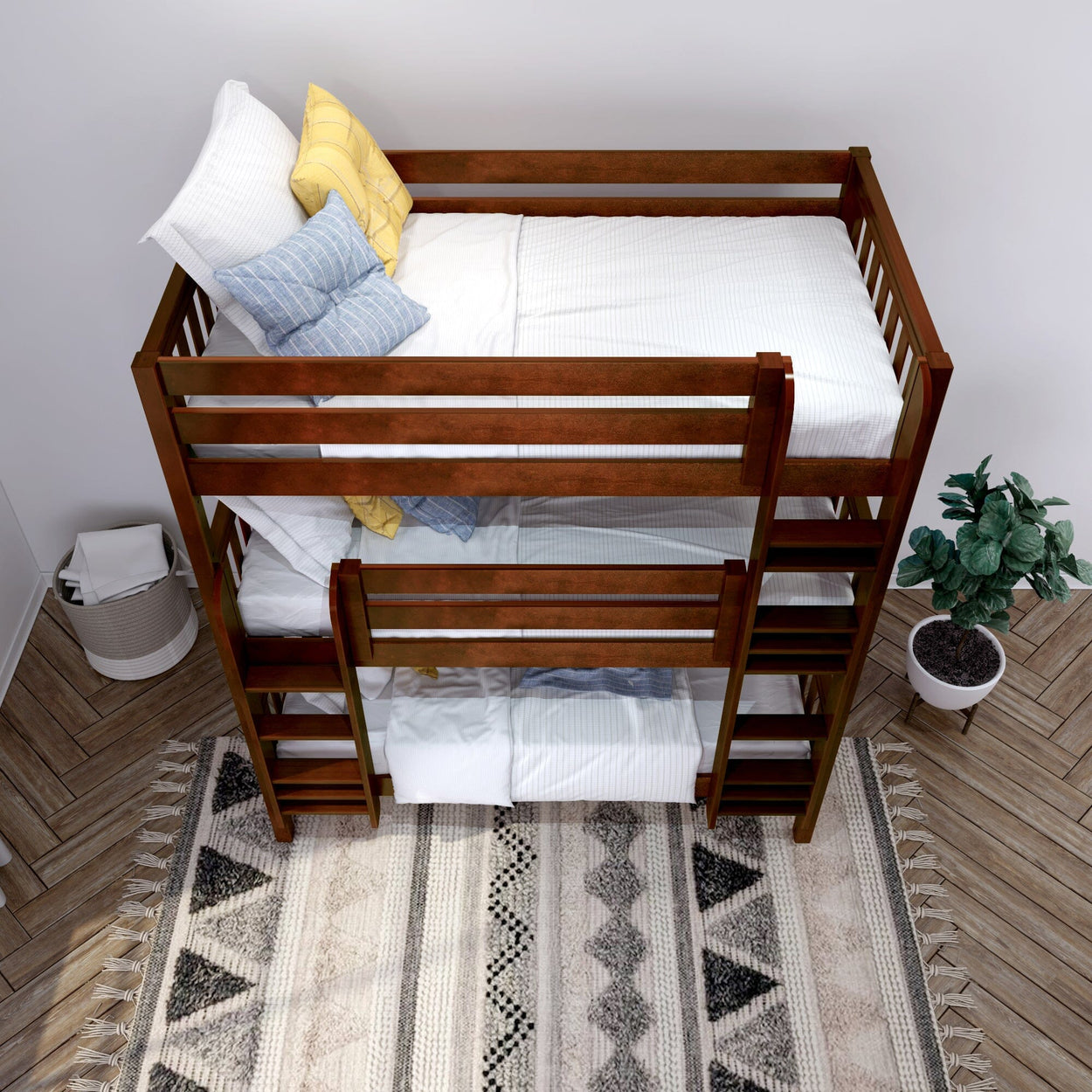 HOLY CS : Triple Bunk Twin Triple Bunk Bed with Straight Ladders on Front, Slat, Chestnut