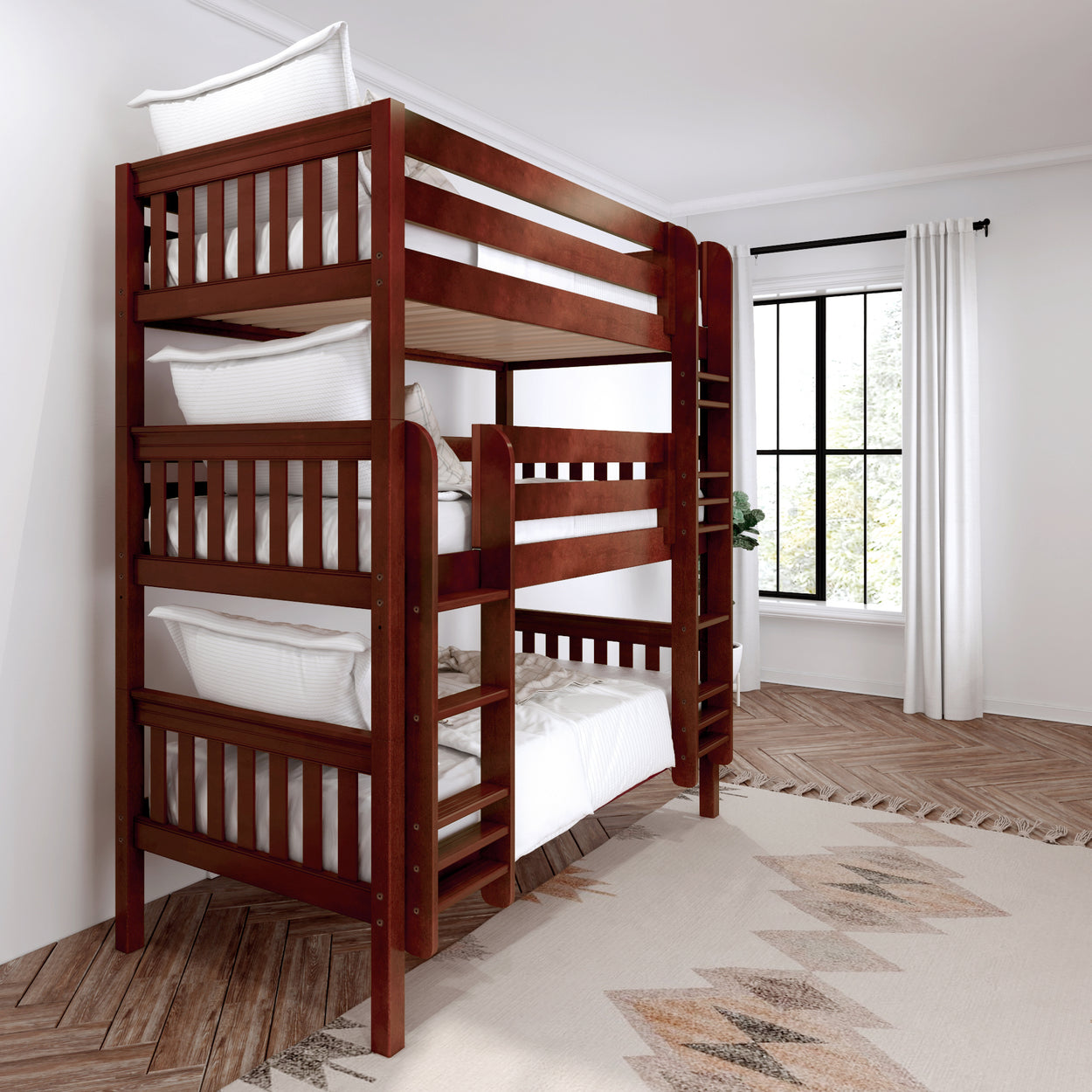 HOLY XL CS : Triple Bunk Twin XL Triple Bunk Bed with Straight Ladders on Front, Slat, Chestnut