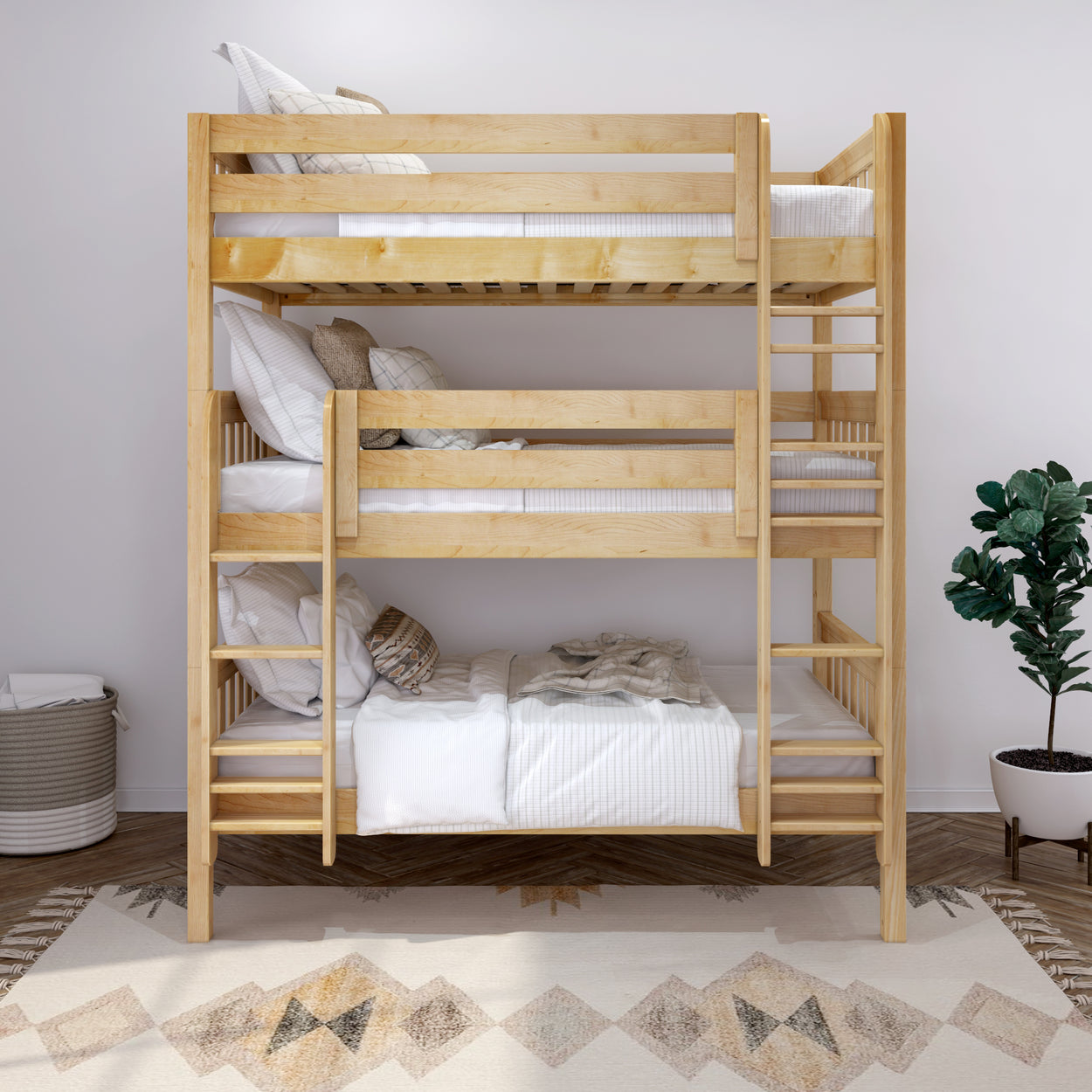 HOLY XL NS : Triple Bunk Twin XL Triple Bunk Bed with Straight Ladders on Front, Slat, Natural