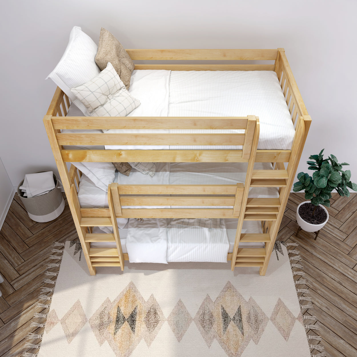 HOLY XL NS : Multiple Bunk Beds Twin XL Triple Bunk Bed with Straight Ladders on Front, Slat, Natural