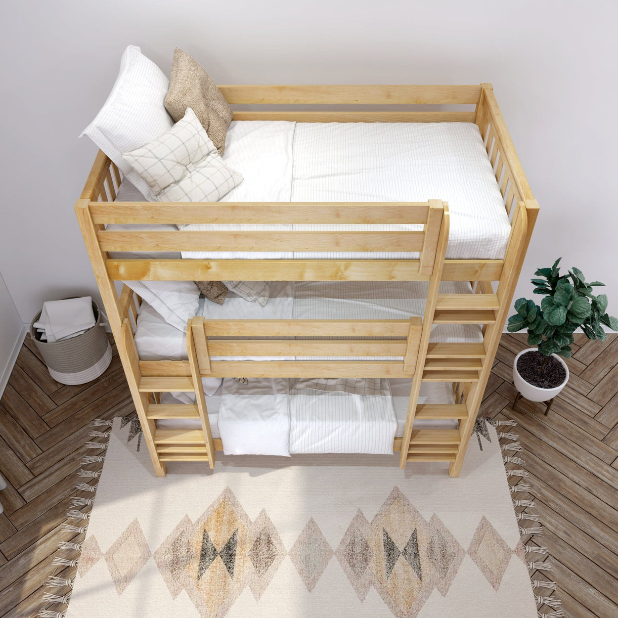 HOLY NS : Triple Bunk Twin Triple Bunk Bed with Straight Ladders on Front, Slat, Natural