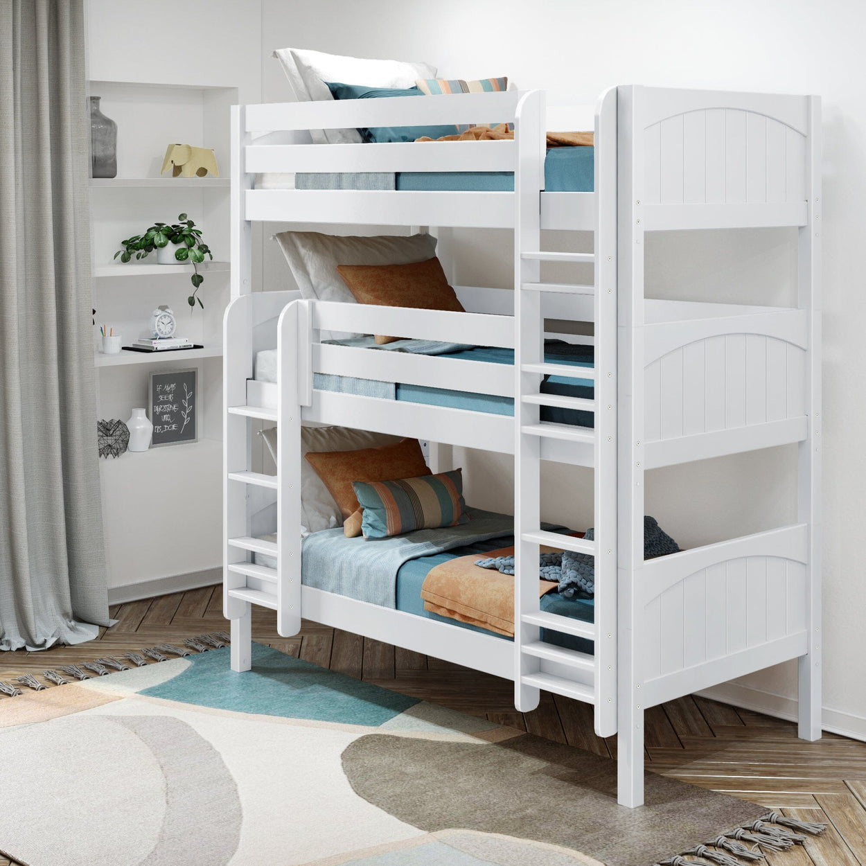 HOLY WP : Triple Bunk Triple Twin Bunk Bed with Straight Ladders on Front, Panel, White