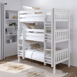 HOLY XL WS : Triple Bunk Twin XL Triple Bunk Bed with Straight Ladders on Front, Slat, White