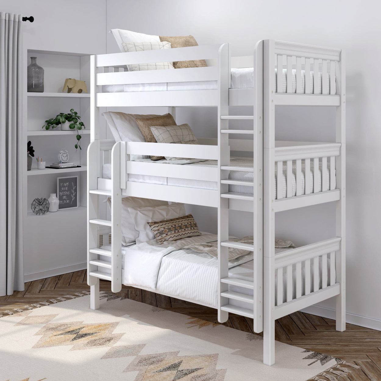 HOLY WS : Triple Bunk Twin Triple Bunk Bed with Straight Ladders on Front, Slat, White