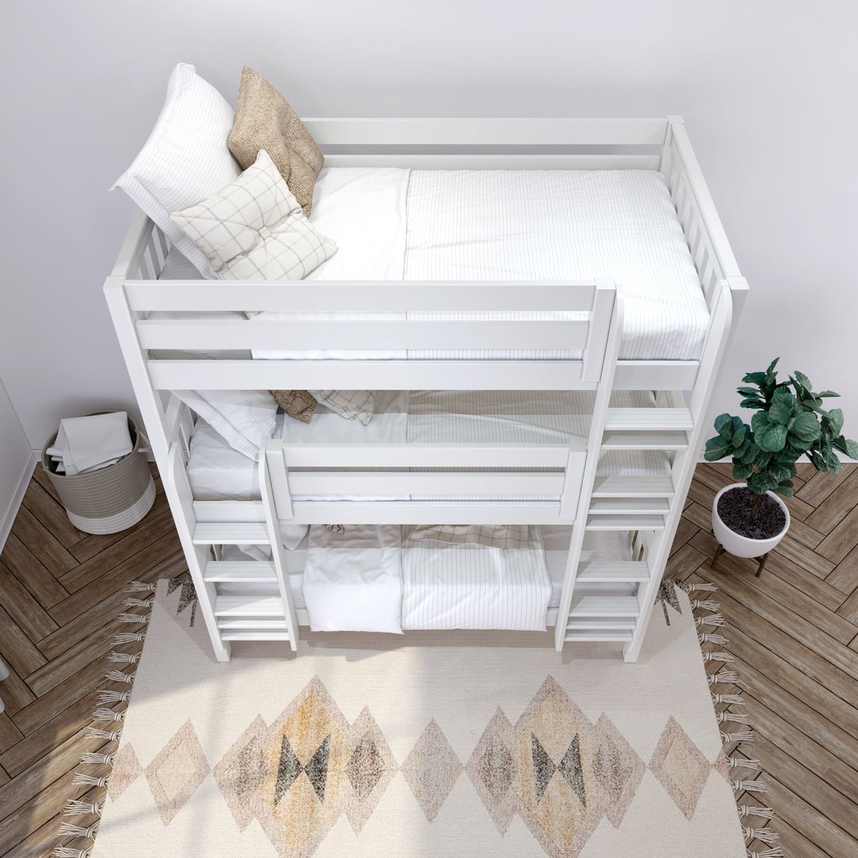 HOLY XL WS : Multiple Bunk Beds Twin XL Triple Bunk Bed with Straight Ladders on Front, Slat, White