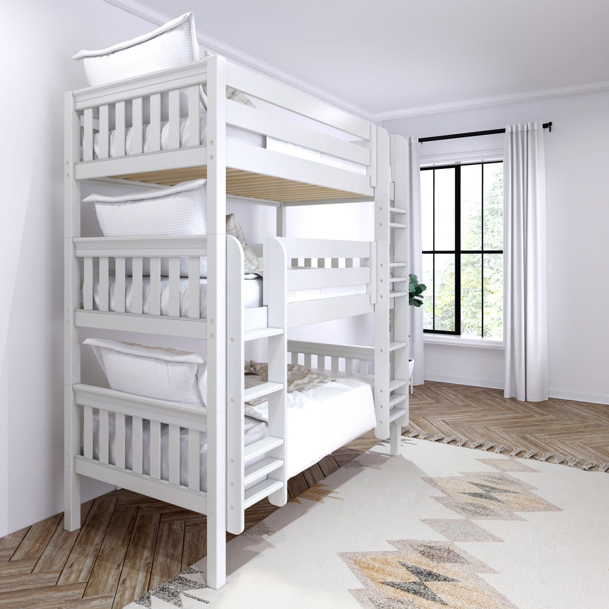 HOLY XL WS : Triple Bunk Twin XL Triple Bunk Bed with Straight Ladders on Front, Slat, White