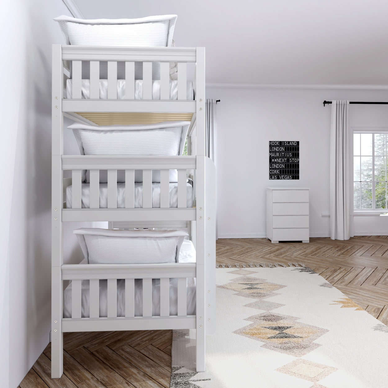 HOLY XL WS : Multiple Bunk Beds Twin XL Triple Bunk Bed with Straight Ladders on Front, Slat, White