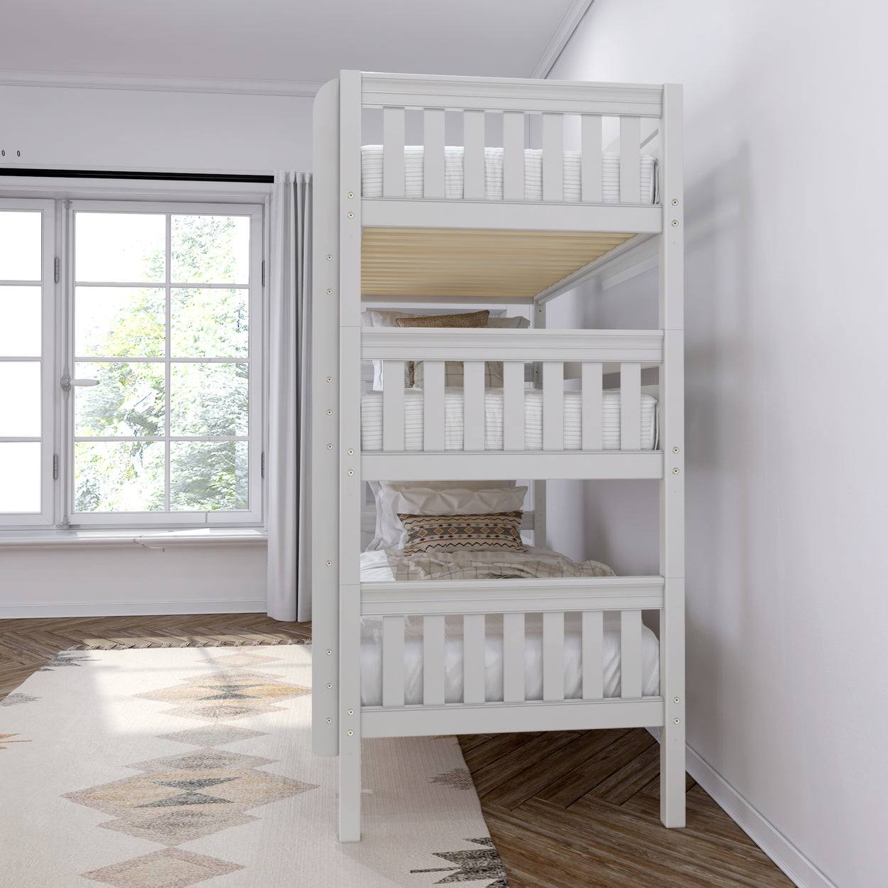 HOLY XL WS : Triple Bunk Twin XL Triple Bunk Bed with Straight Ladders on Front, Slat, White