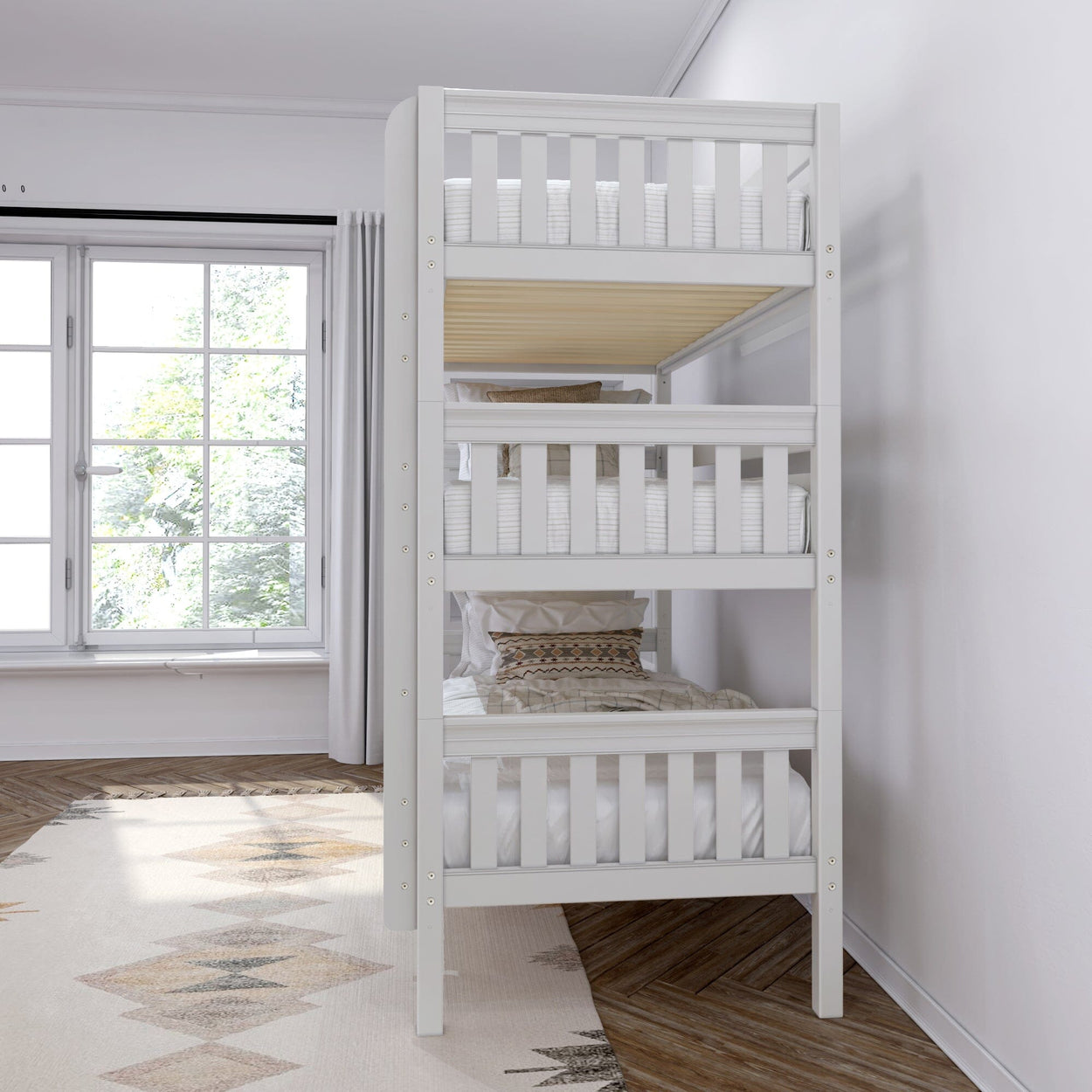 HOLY WS : Triple Bunk Twin Triple Bunk Bed with Straight Ladders on Front, Slat, White