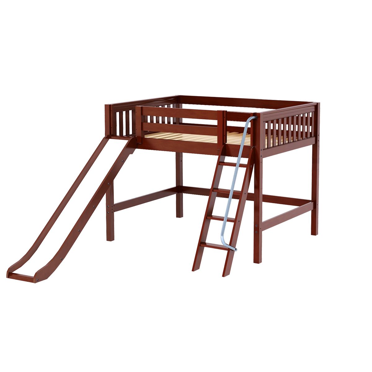 HONEY CS : Loft Bed Full Mid Loft Bed with Slide and Angled Ladder on Front, Slat, Chestnut