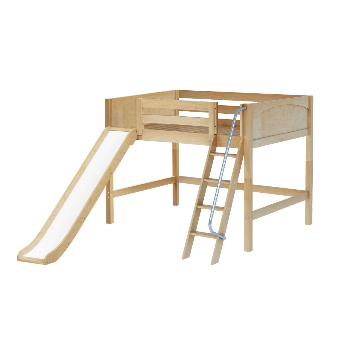 HONEY NP : Play Loft Beds Full Mid Loft Bed with Slide and Angled Ladder on Front, Panel, Natural