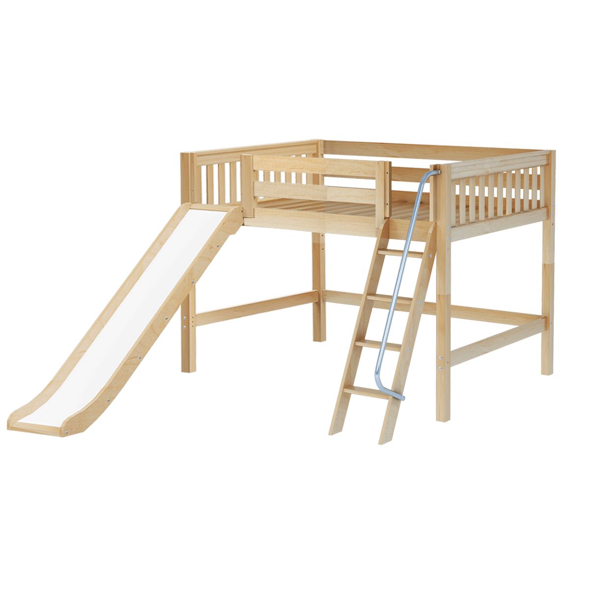 HONEY NS : Loft Bed Full Mid Loft Bed with Slide and Angled Ladder on Front, Slat, Natural