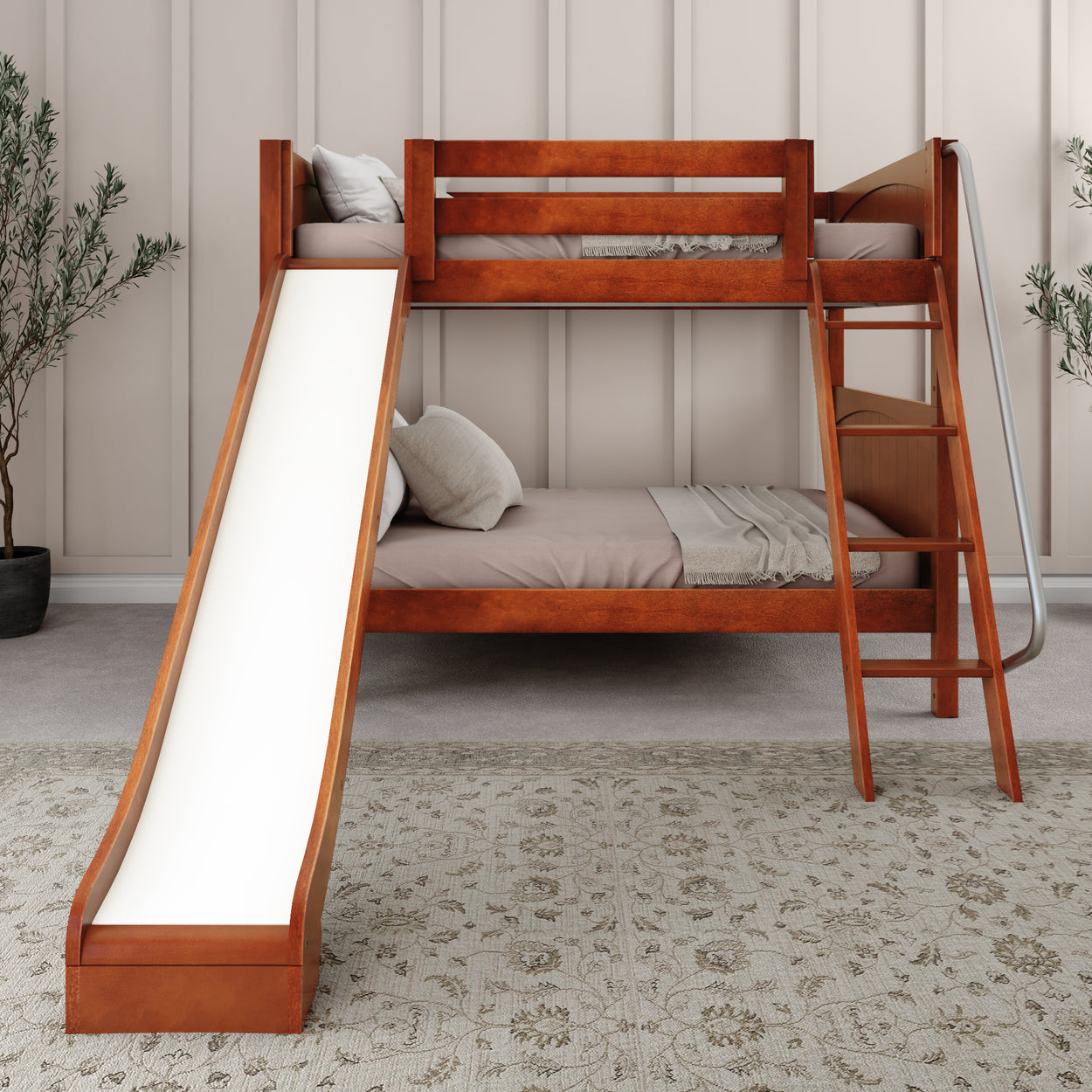 HOORAY CP : Bunk Bed Full Medium Bunk Bed with Slide and Angled Ladder on Front, Panel, Chestnut