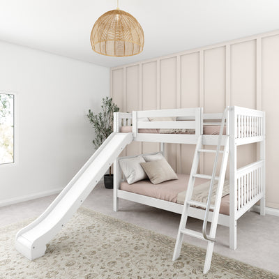 HOORAY WS : Bunk Bed Full Medium Bunk Bed with Slide and Angled Ladder on Front, Slat, White