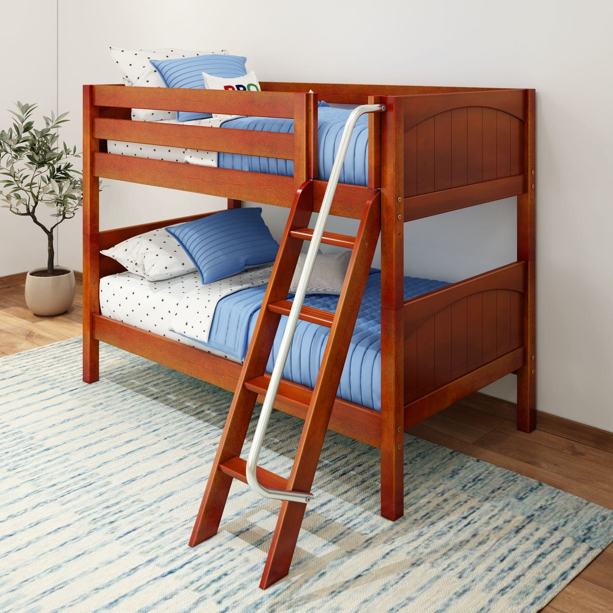 HOTHOT CP : Bunk Bed Twin Low Bunk Bed with Angled Ladder on Front, Panel, Chestnut