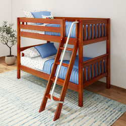 HOTHOT CS : Bunk Bed Twin Low Bunk Bed with Angled Ladder on Front, Slat, Chestnut