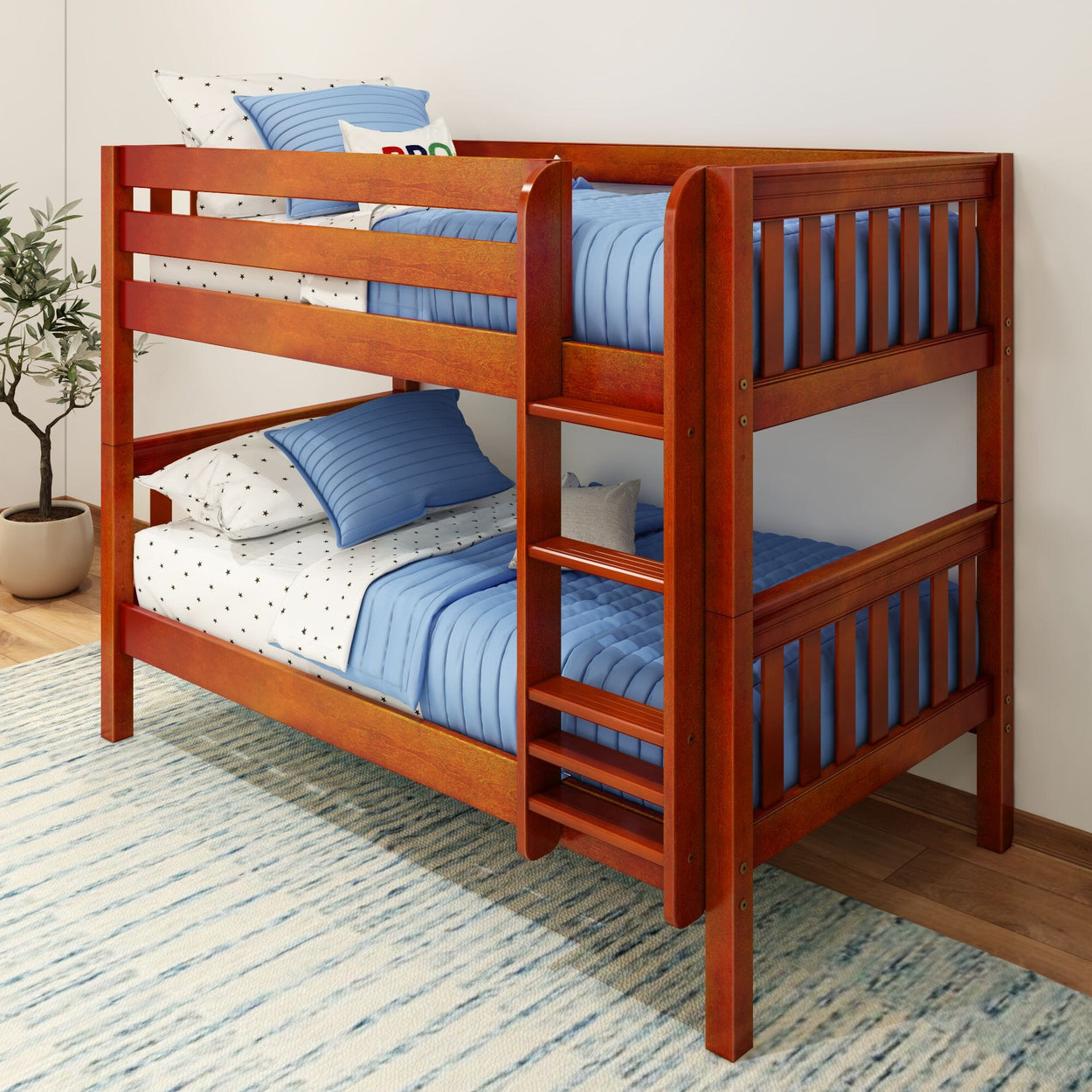 HOTSHOT CS : Bunk Bed Twin Low Bunk Bed with Straight Ladder on Front, Slat, Chestnut