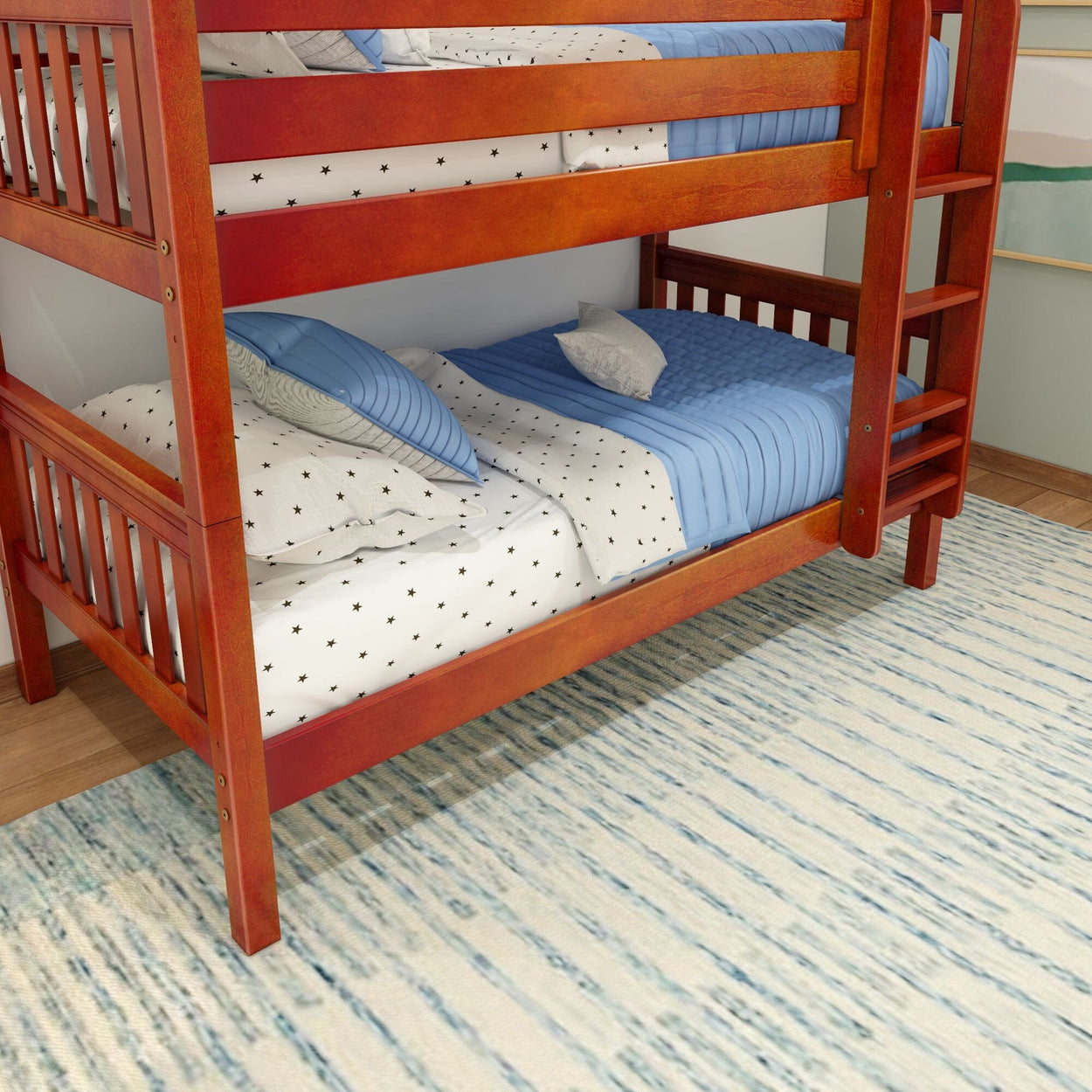 HOTSHOT CS : Bunk Bed Twin Low Bunk Bed with Straight Ladder on Front, Slat, Chestnut