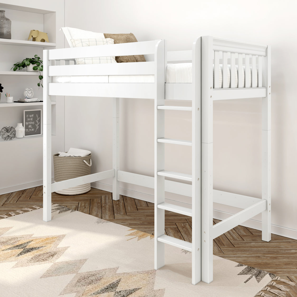 JIBJAB WS : Loft Bed Twin High Loft Bed with Straight Ladder on Front, Slat, White