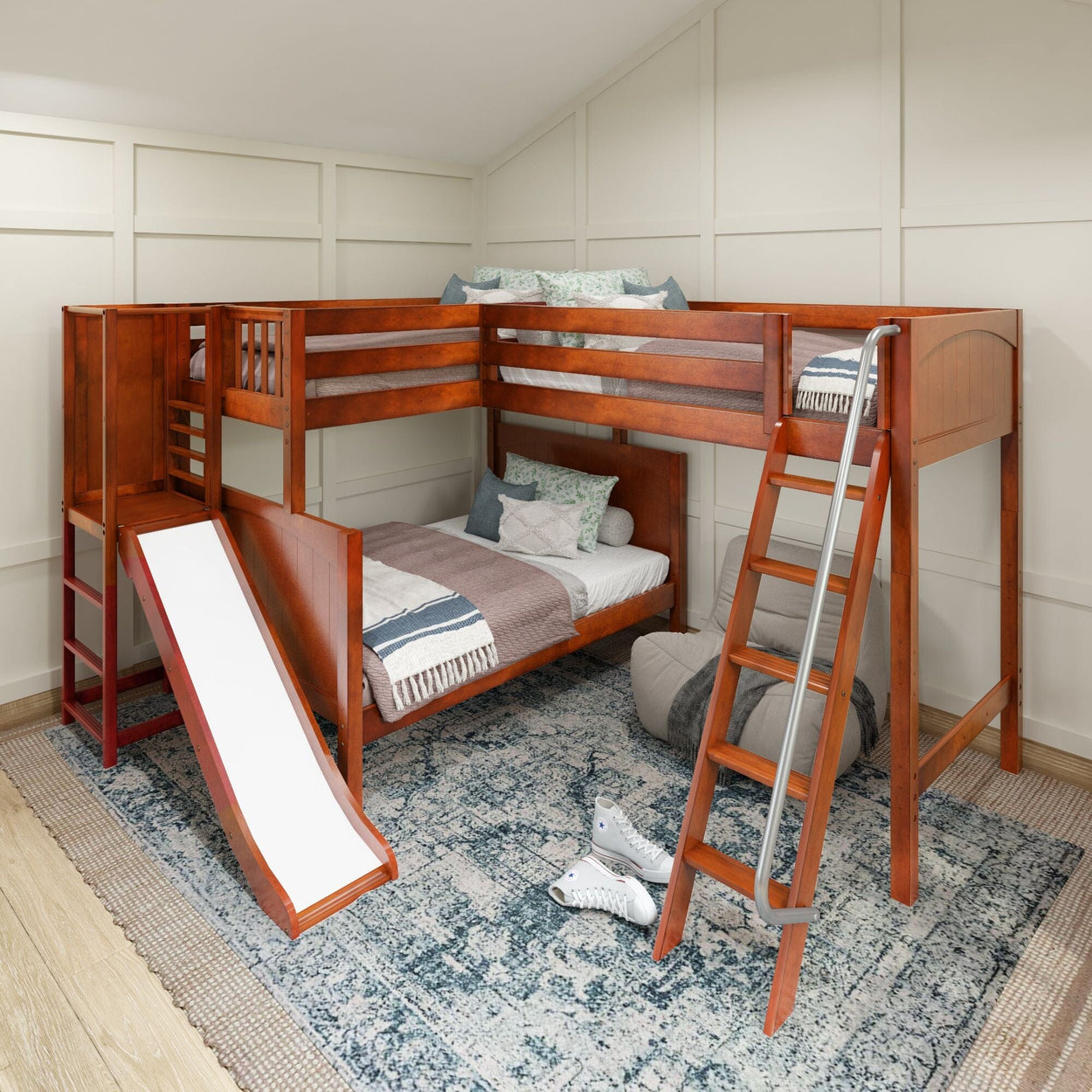 JUMBLE CP : Play Loft Beds High Twin over Full Corner Loft Bunk Bed with Ladder + Slide Platform, Panel, Chestnut