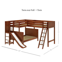 JUMBLE CP : Play Loft Beds High Twin over Full Corner Loft Bunk Bed with Ladder + Slide Platform, Panel, Chestnut