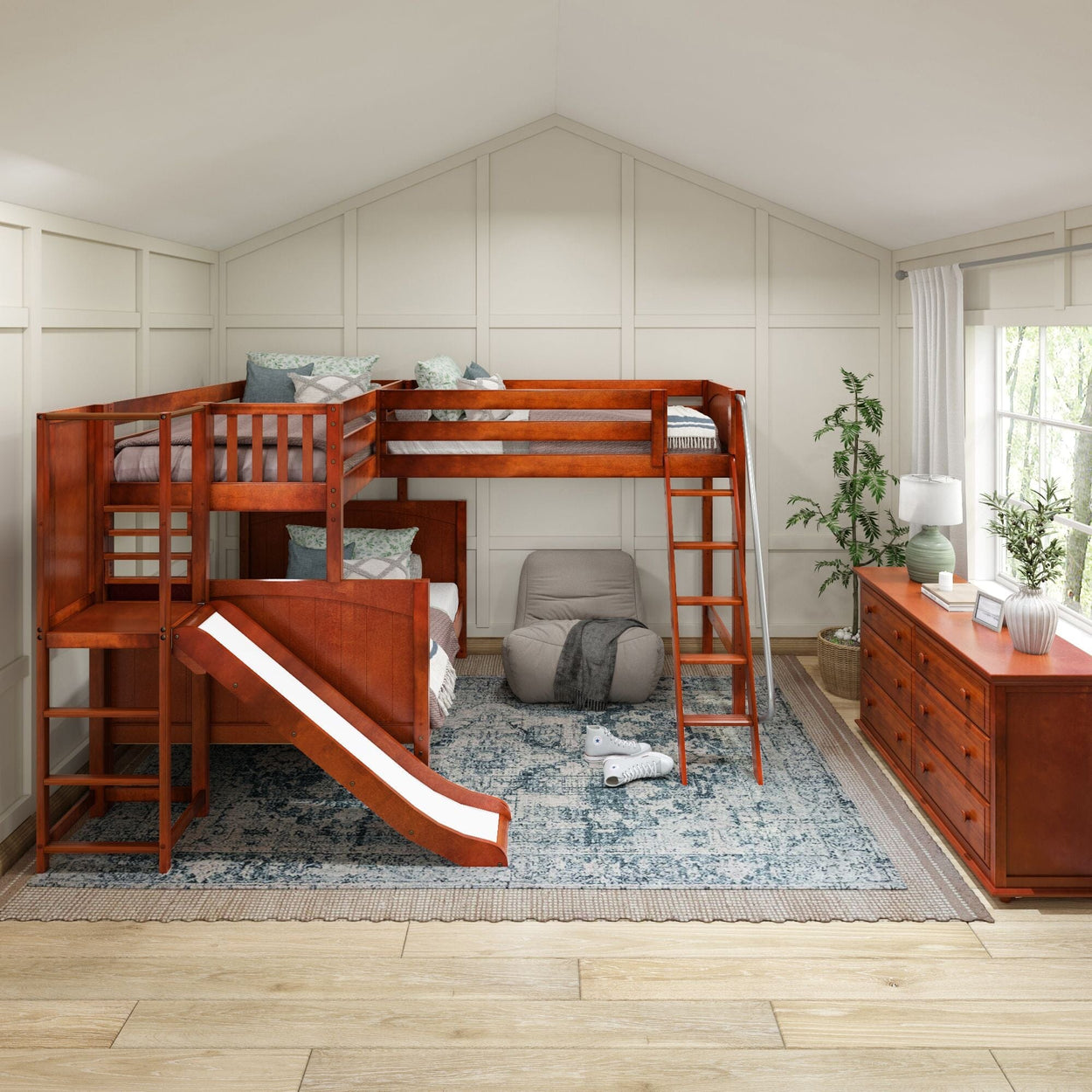 JUMBLE CP : Play Loft Beds High Twin over Full Corner Loft Bunk Bed with Ladder + Slide Platform, Panel, Chestnut