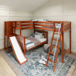 JUMBLE CS : Play Loft Beds High Twin over Full Corner Loft Bunk Bed with Ladder + Slide Platform, Slat, Chestnut