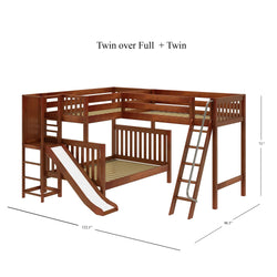 JUMBLE CS : Play Loft Beds High Twin over Full Corner Loft Bunk Bed with Ladder + Slide Platform, Slat, Chestnut