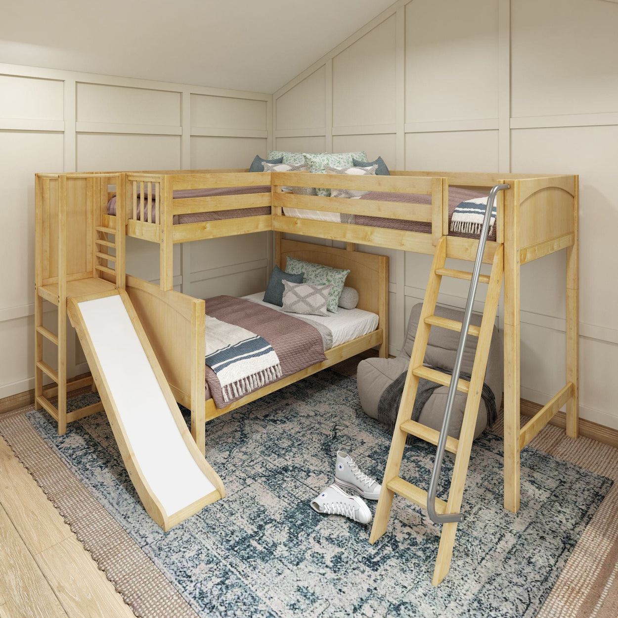 JUMBLE NP : Play Loft Beds High Twin over Full Corner Loft Bunk Bed with Ladder + Slide Platform, Panel, Natural