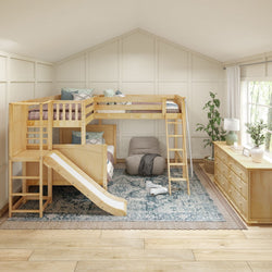 JUMBLE NP : Play Loft Beds High Twin over Full Corner Loft Bunk Bed with Ladder + Slide Platform, Panel, Natural