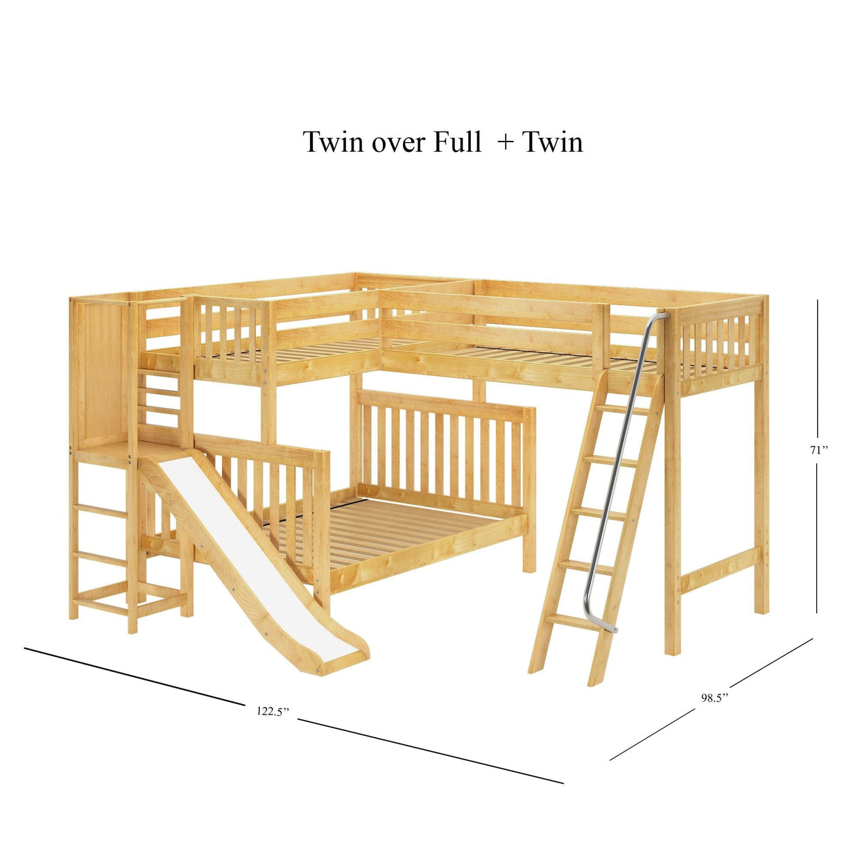 JUMBLE NS : Play Loft Beds High Twin over Full Corner Loft Bunk Bed with Ladder + Slide Platform, Slat, Natural