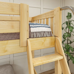 JUMBLE NS : Play Loft Beds High Twin over Full Corner Loft Bunk Bed with Ladder + Slide Platform, Slat, Natural