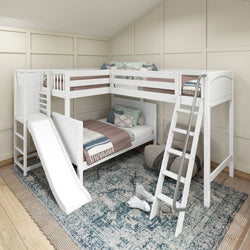 JUMBLE WP : Play Loft Beds High Twin over Full Corner Loft Bunk Bed with Ladder + Slide Platform, Panel, White