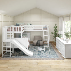 JUMBLE WP : Play Loft Beds High Twin over Full Corner Loft Bunk Bed with Ladder + Slide Platform, Panel, White