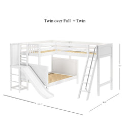 JUMBLE WP : Play Loft Beds High Twin over Full Corner Loft Bunk Bed with Ladder + Slide Platform, Panel, White