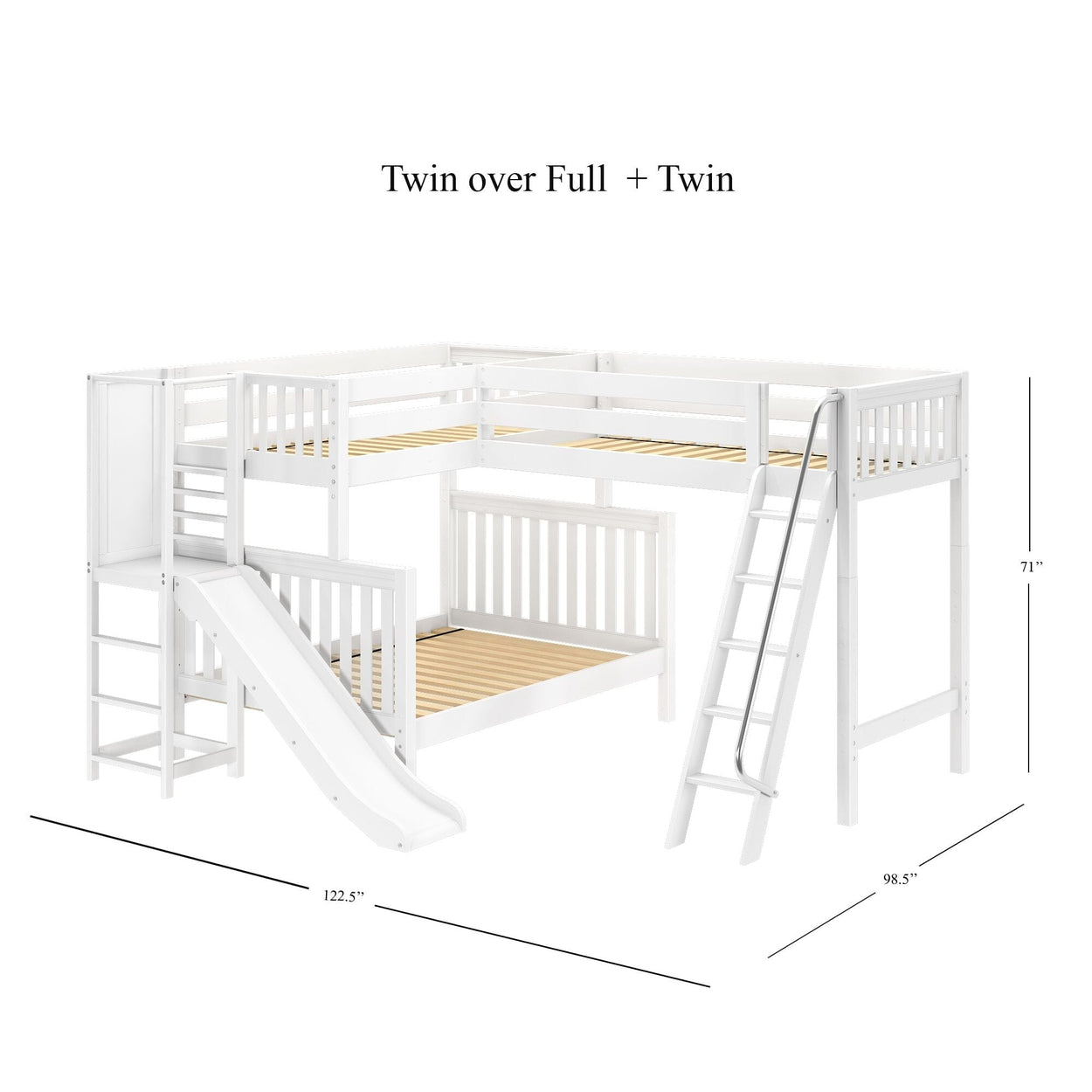 JUMBLE WS : Play Loft Beds High Twin over Full Corner Loft Bunk Bed with Ladder + Slide Platform, Slat, White