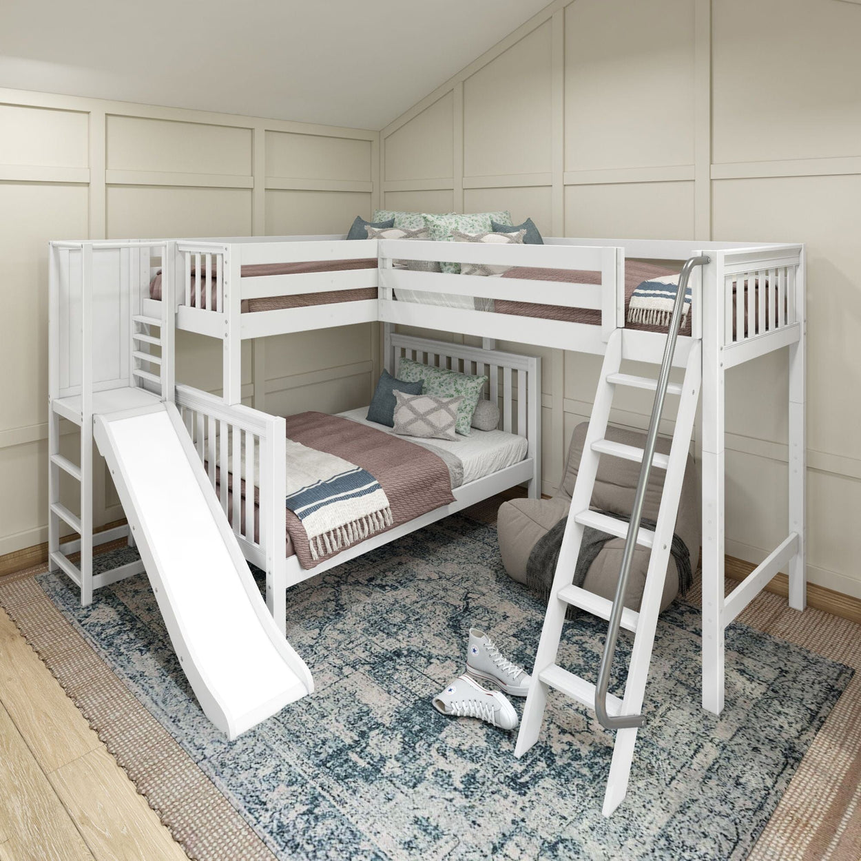 JUMBLE WS : Play Loft Beds High Twin over Full Corner Loft Bunk Bed with Ladder + Slide Platform, Slat, White